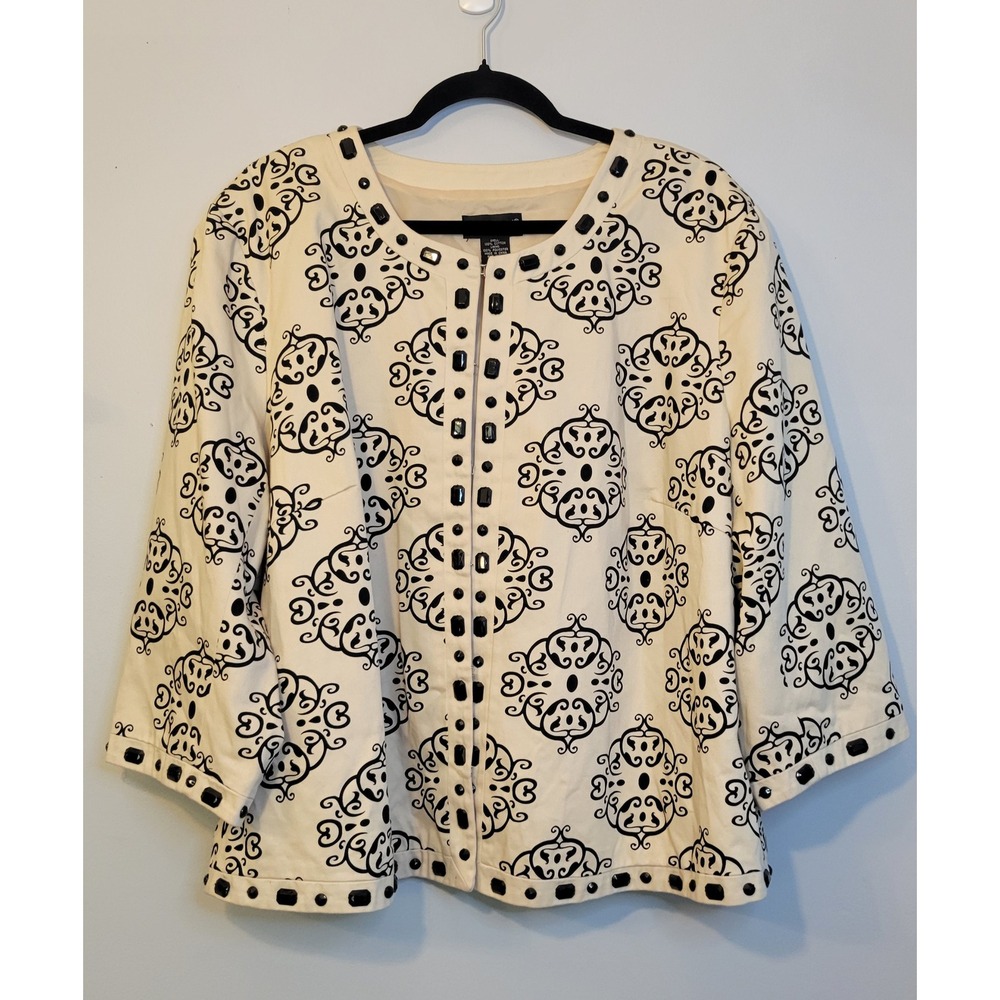 VTG Carole Little Woman 2X Embroidered Jacket Cream Black Art to Wear Boho 90s
